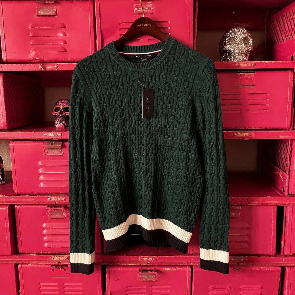 Tommy Hilfiger Medium Green Cable Knit Crewneck Sweater NWT 100% Cotton Preppy - Picture 5 of 13